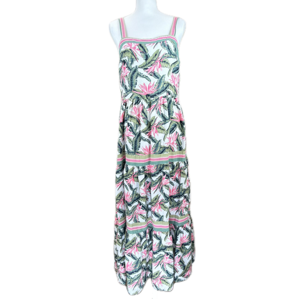 Loft Paradise Tiered Maxi Dress Flora Leaf Print Green Pink Sz 8 Square Neck